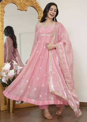 Peach fandy silk  party weae embroidery suit set 1