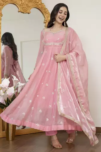 Peach fandy silk  party weae embroidery suit set