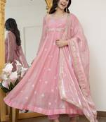 Peach fandy silk  party weae embroidery suit set