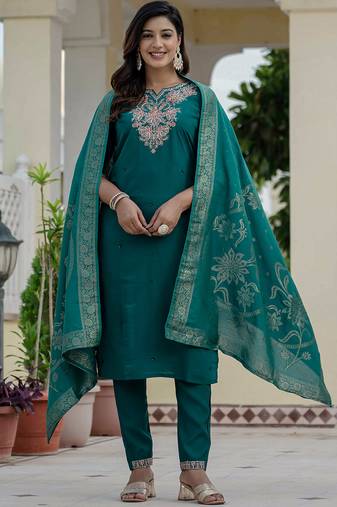 Rama green premium roman silk straight kurti pant dupatta set