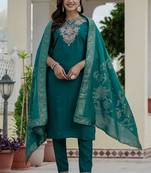 Rama green premium roman silk straight kurti pant dupatta set