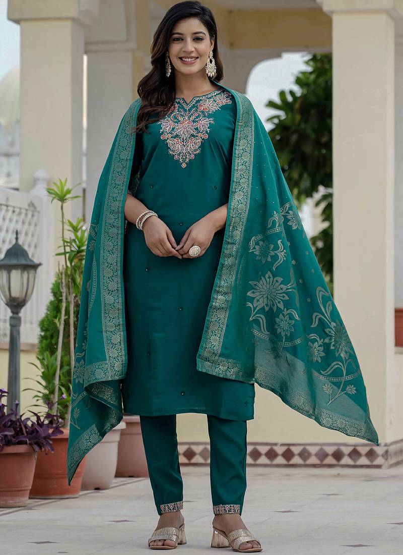 Rama green premium roman silk straight kurti pant dupatta set