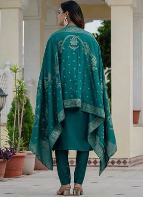Rama green premium roman silk straight kurti pant dupatta set 2