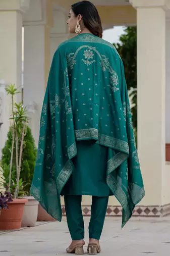 Rama green premium roman silk straight kurti pant dupatta set