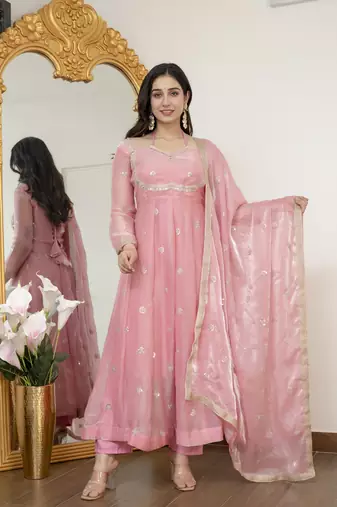 Peach fandy silk  party weae embroidery suit set