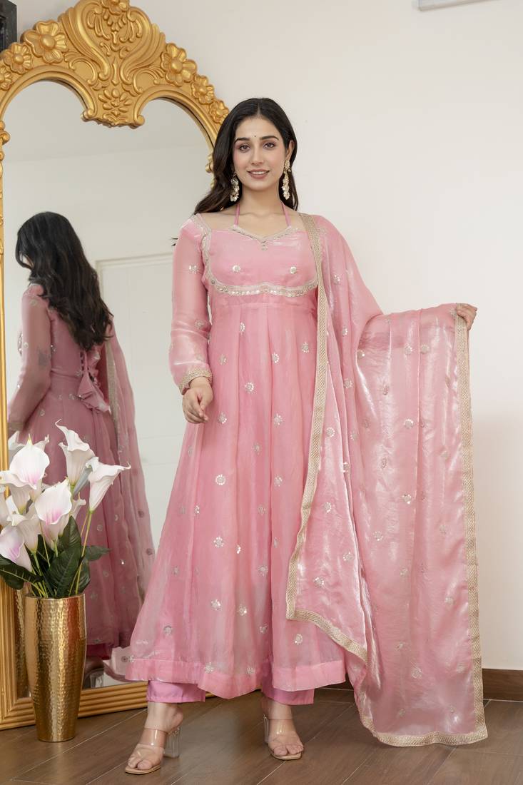 Peach fandy silk  party weae embroidery suit set