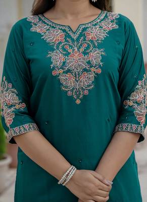 Rama green premium roman silk straight kurti pant dupatta set 3
