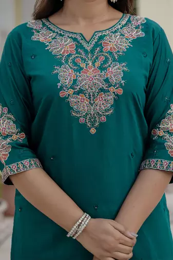 Rama green premium roman silk straight kurti pant dupatta set