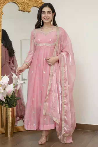 Peach fandy silk  party weae embroidery suit set
