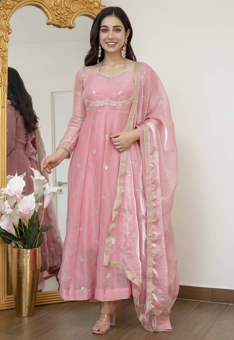 Peach fandy silk  party weae embroidery suit set