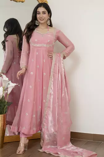 Peach fandy silk  party weae embroidery suit set