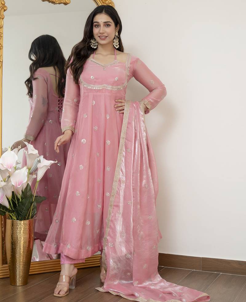 Peach fandy silk  party weae embroidery suit set