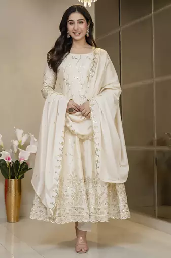 Cream chinon silk  party weae embroidery suit set
