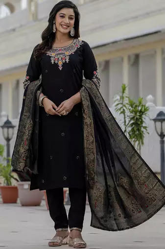 Black roman silk straight kurti pant dupatta set