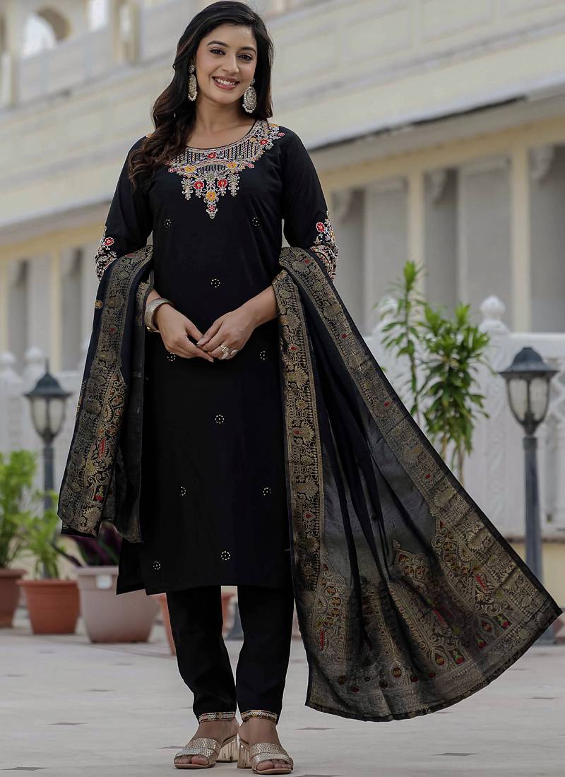 Black roman silk straight kurti pant dupatta set