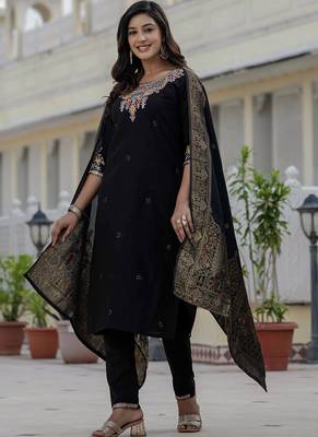 Black roman silk straight kurti pant dupatta set 2
