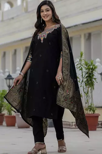 Black roman silk straight kurti pant dupatta set