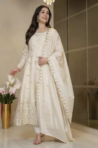 Cream chinon silk  party weae embroidery suit set