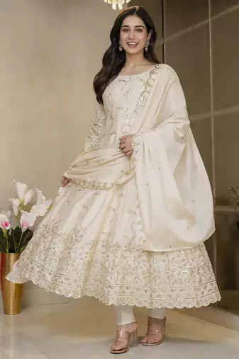 Cream chinon silk  party weae embroidery suit set