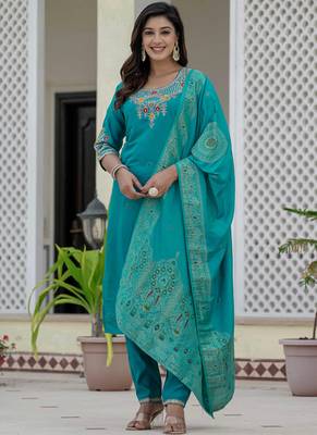 Firozi roman silk straight kurti pant dupatta set 1