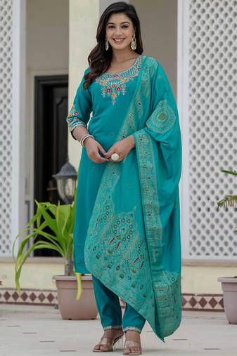 Firozi roman silk straight kurti pant dupatta set