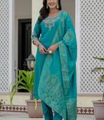 Firozi roman silk straight kurti pant dupatta set