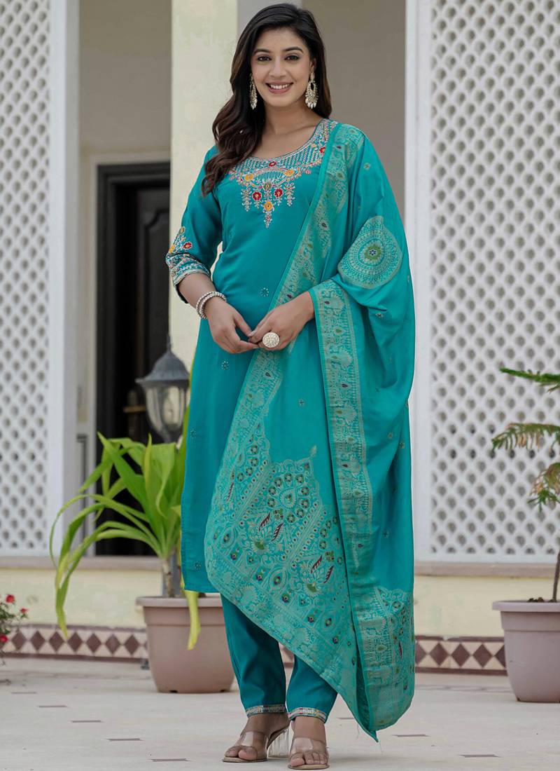 Firozi roman silk straight kurti pant dupatta set
