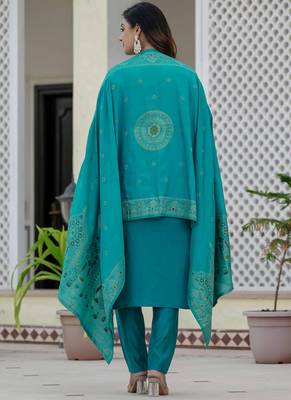 Firozi roman silk straight kurti pant dupatta set 2