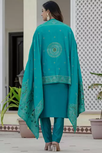 Firozi roman silk straight kurti pant dupatta set