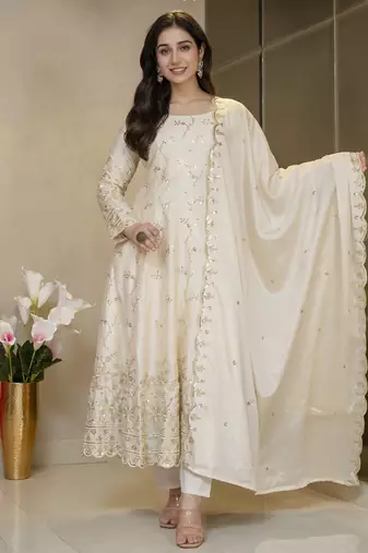 Cream chinon silk  party weae embroidery suit set