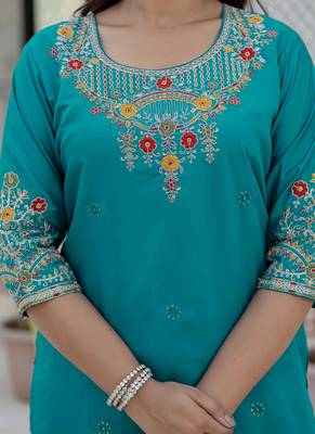 Firozi roman silk straight kurti pant dupatta set 3
