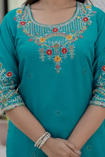 Firozi roman silk straight kurti pant dupatta set
