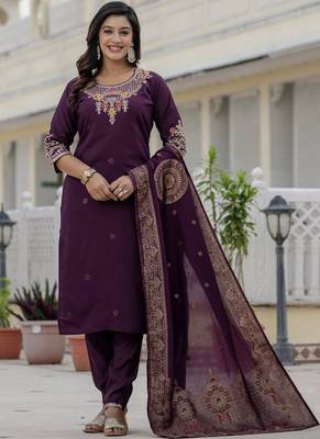 Wine roman silk straight kurti pant dupatta set 1