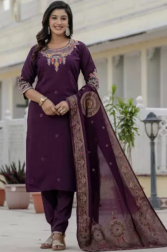 Wine roman silk straight kurti pant dupatta set