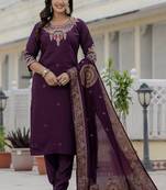 Wine roman silk straight kurti pant dupatta set