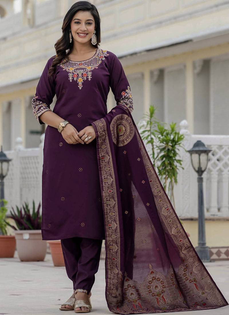 Wine roman silk straight kurti pant dupatta set