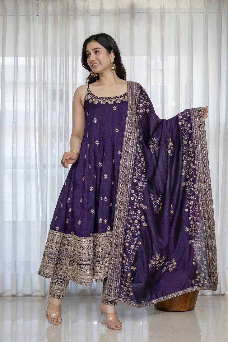 Purple vichitra silk party wear embroidery suit set