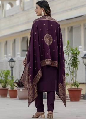 Wine roman silk straight kurti pant dupatta set 2