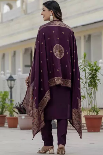 Wine roman silk straight kurti pant dupatta set