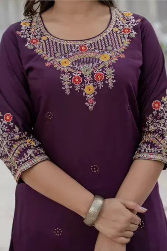 Wine roman silk straight kurti pant dupatta set