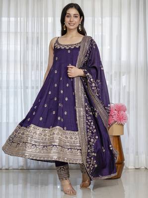 Purple vichitra silk party wear embroidery suit set 3