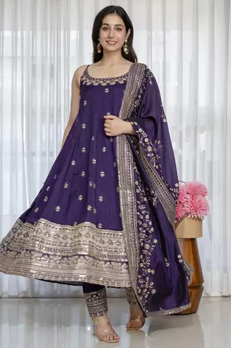 Purple vichitra silk party wear embroidery suit set