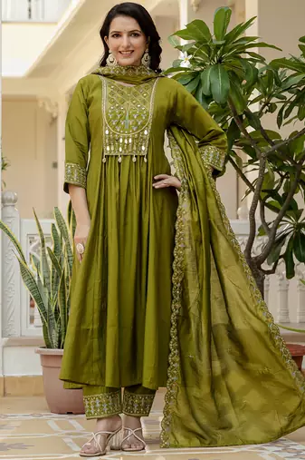 Mahendi viscose roman silk straight kurti pant dupatta set