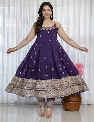 Purple vichitra silk party wear embroidery suit set 4