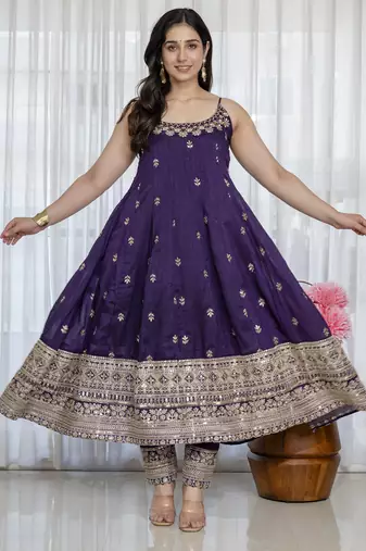 Purple vichitra silk party wear embroidery suit set