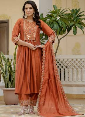 Orange viscose roman silk straight kurti pant dupatta set 1