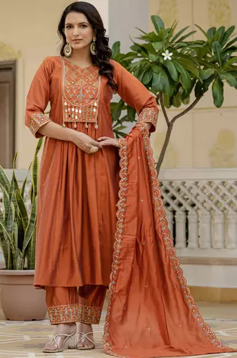 Orange viscose roman silk straight kurti pant dupatta set