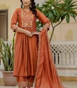 Orange viscose roman silk straight kurti pant dupatta set