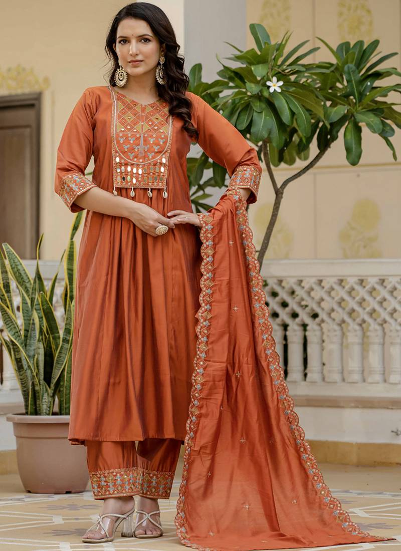 Orange viscose roman silk straight kurti pant dupatta set