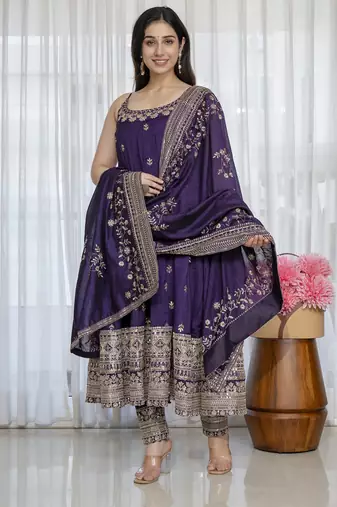 Purple vichitra silk party wear embroidery suit set